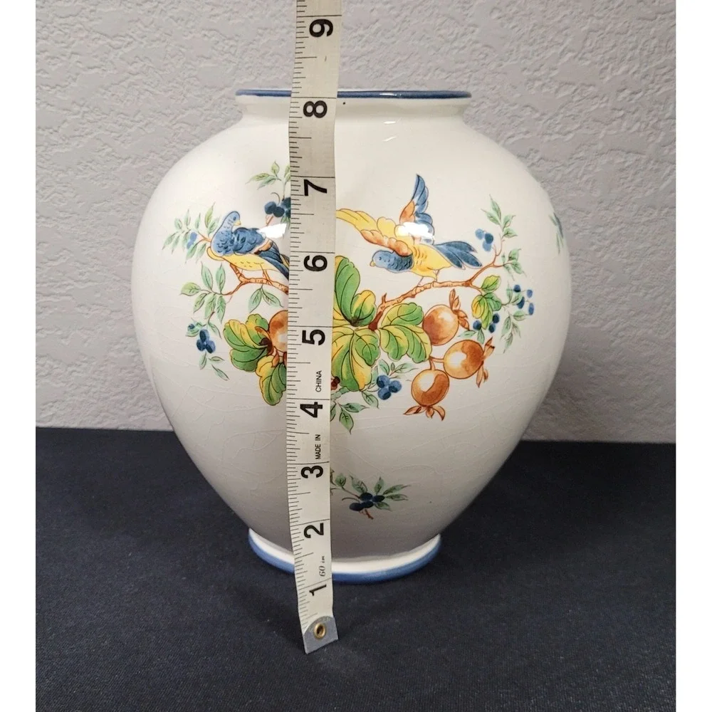 VTG 1980s Hand Painted Ceramic Bird Vase Large Heavy Earthenware Fruit Ovoid 8